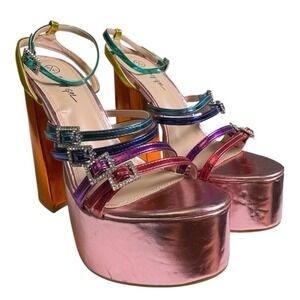 Nasty Gal y2k Festival Platform Heels Rhinestone Straps Block Heel Colorful ‎ 8